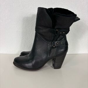 UGG Black Leather Fur Lined Heeled Winter Boots Size 7.5